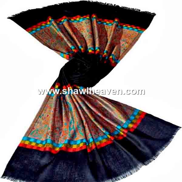 navy scarf with multi color borders in pure pashmina